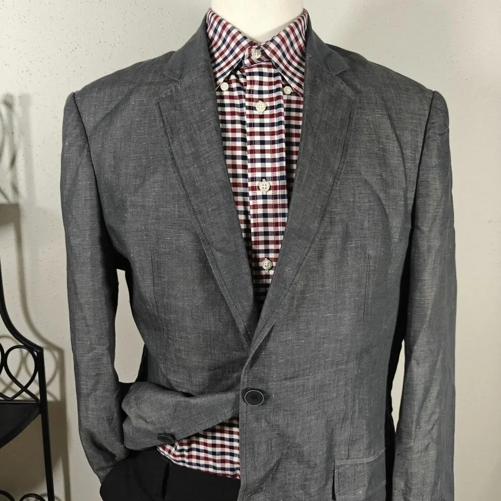 Pronto‎ Uomo Blue Men's Sport Coat Blazer Two Button Gray Linen Cotton Size XL